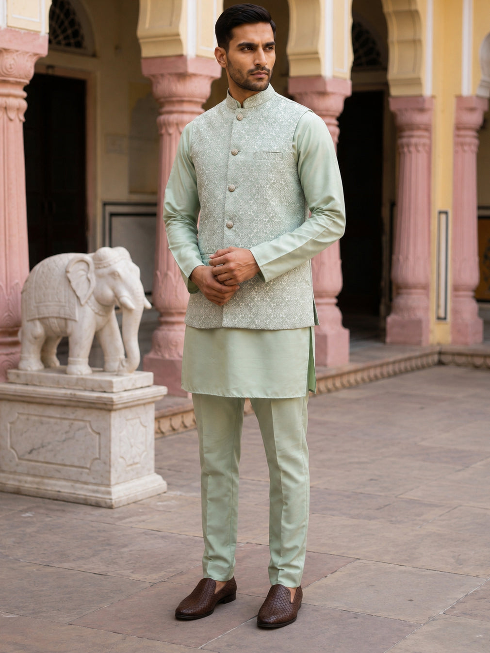 DesiQlo Men Woven Design Nehru Jacket and Kurta Pyjama  - 65 4pista