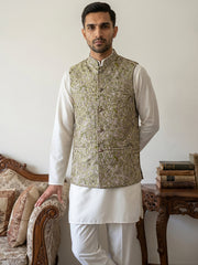 Men's Floral Jacquard Silk Blend Nehru Jacket with Kurta Set ( 65KPWC 5586W 4155Pista )