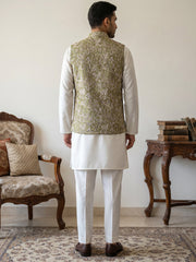 Men's Floral Jacquard Silk Blend Nehru Jacket with Kurta Set ( 65KPWC 5586W 4155Pista )