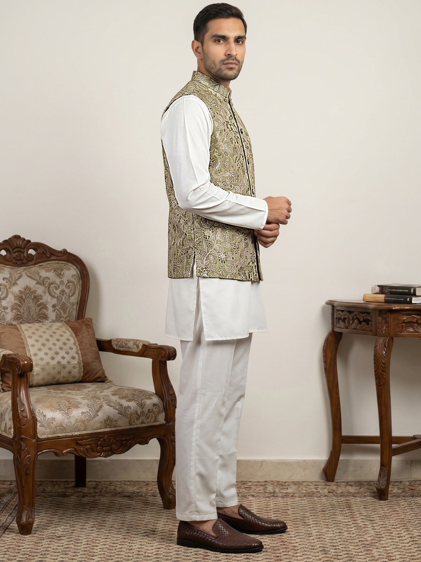DesiQlo Men Woven Design Nehru Jacket and Kurta Pyjama  - 65 5pis 3