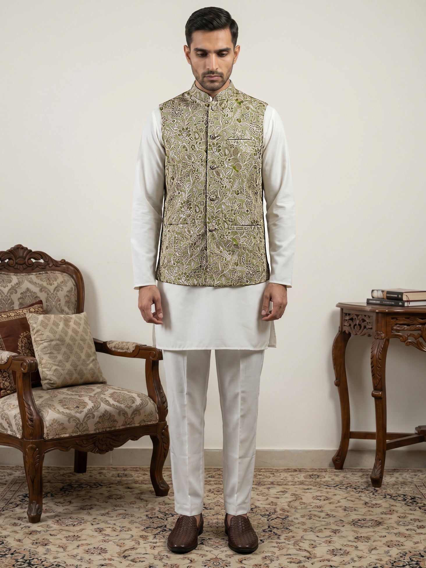 DesiQlo Men Woven Design Nehru Jacket and Kurta Pyjama  - 65 5pis 3