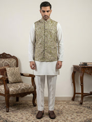 Men's Floral Jacquard Silk Blend Nehru Jacket with Kurta Set ( 65KPWC 5586W 4155Pista )