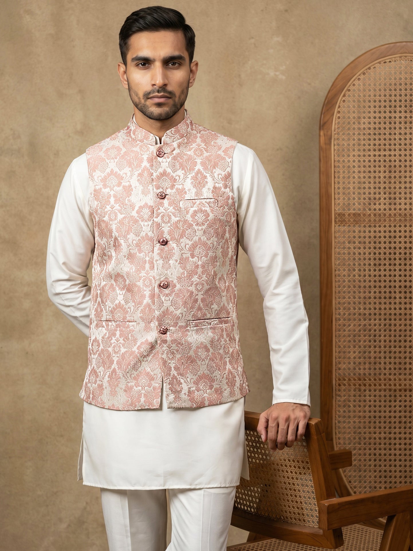 DesiQlo Men Woven Design Nehru Jacket and Kurta Pyjama  - 65 6peach