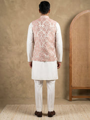 Men's Floral Woven Silk Blend Nehru Jacket with Kurta Pyjama ( 65KPWC 5586W 4156Peach )