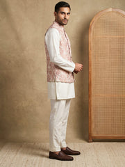 Men's Floral Woven Silk Blend Nehru Jacket with Kurta Pyjama ( 65KPWC 5586W 4156Peach )