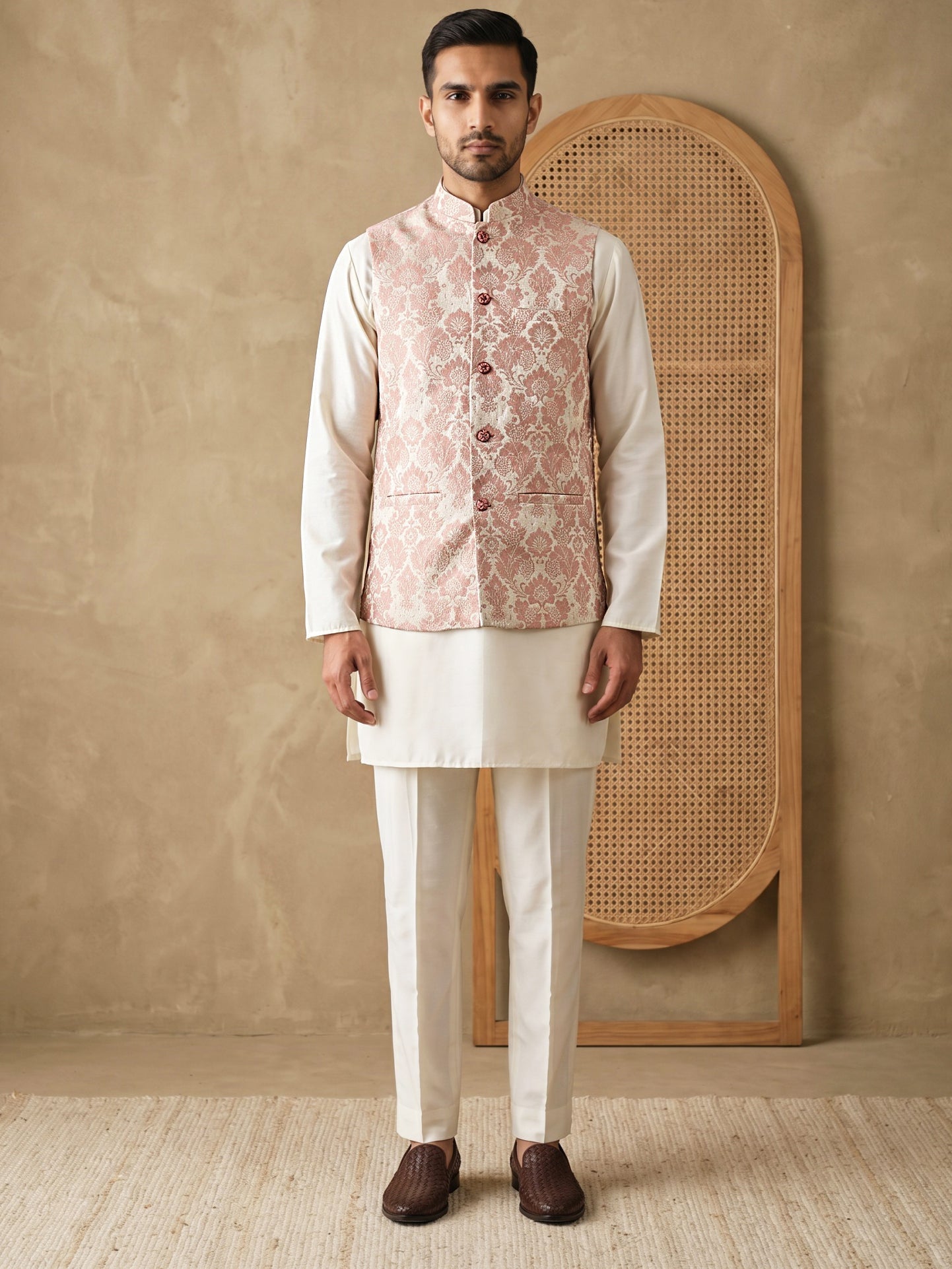 DesiQlo Men Woven Design Nehru Jacket and Kurta Pyjama  - 65 6peach
