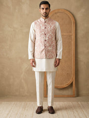 Men's Floral Woven Silk Blend Nehru Jacket with Kurta Pyjama ( 65KPWC 5586W 4156Peach )