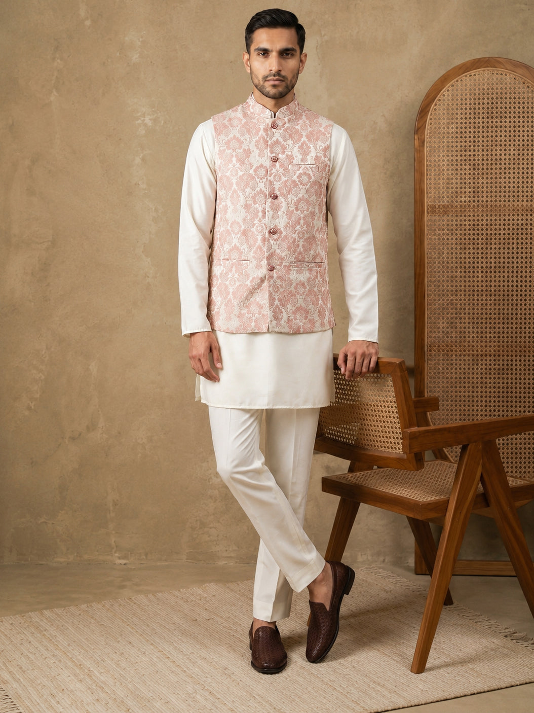 DesiQlo Men Woven Design Nehru Jacket and Kurta Pyjama  - 65 6peach