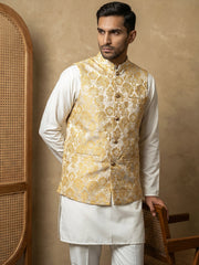 Men's Floral Woven Silk Blend Nehru Jacket with Kurta Pyjama ( 65KPWC 5586W 4156Yellow )