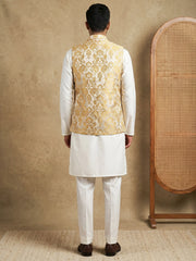 Men's Floral Woven Silk Blend Nehru Jacket with Kurta Pyjama ( 65KPWC 5586W 4156Yellow )