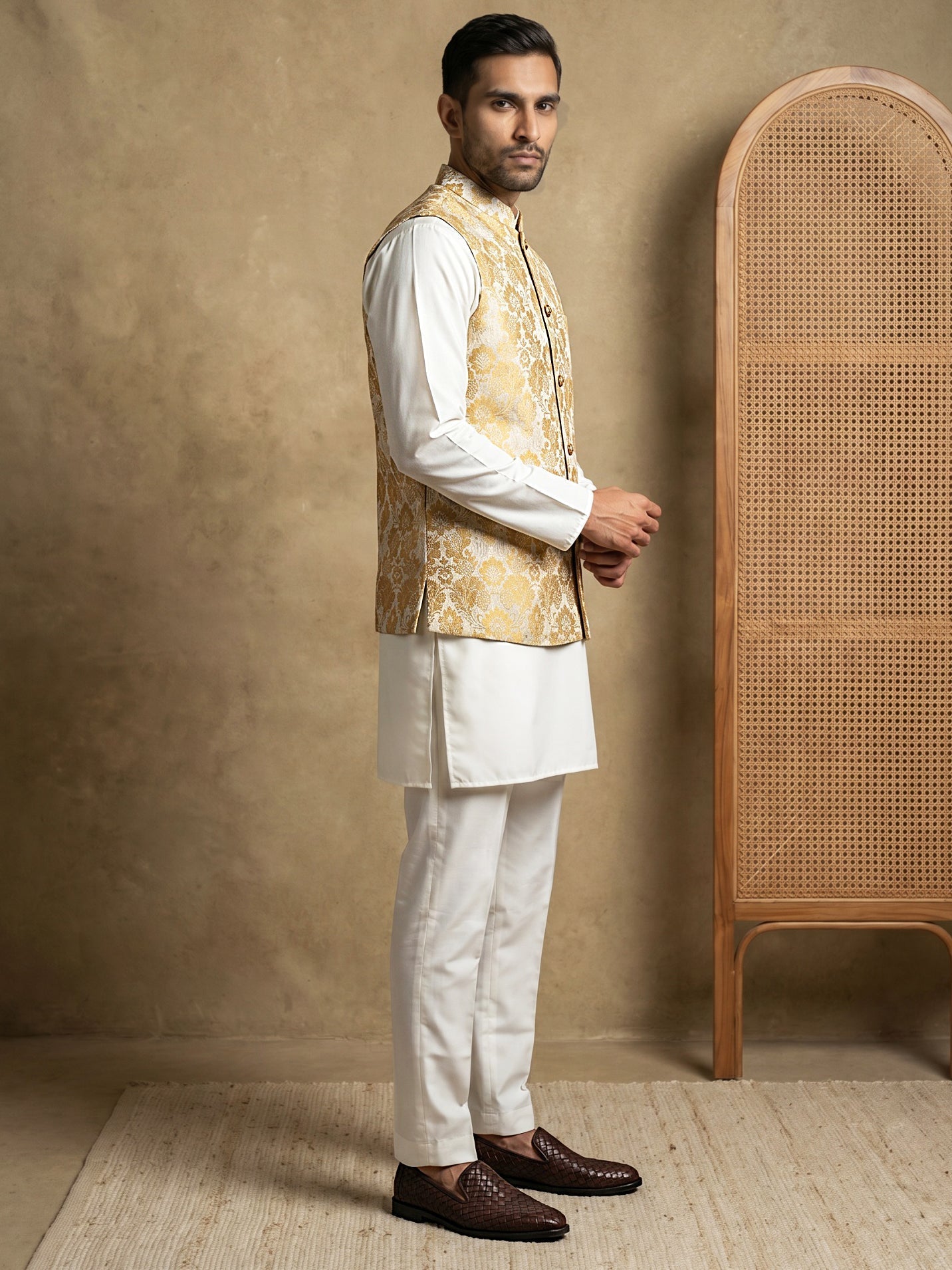 DesiQlo Men Woven Design Nehru Jacket and Kurta Pyjama  - 65 yell 2