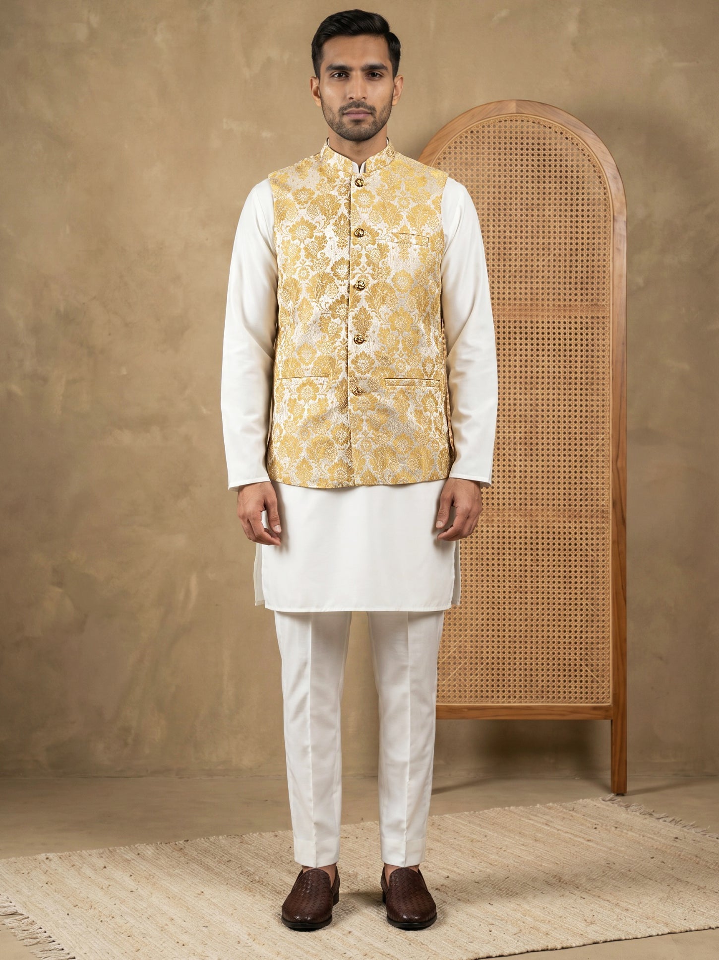 DesiQlo Men Woven Design Nehru Jacket and Kurta Pyjama  - 65 yell 2