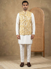 Men's Floral Woven Silk Blend Nehru Jacket with Kurta Pyjama ( 65KPWC 5586W 4156Yellow )