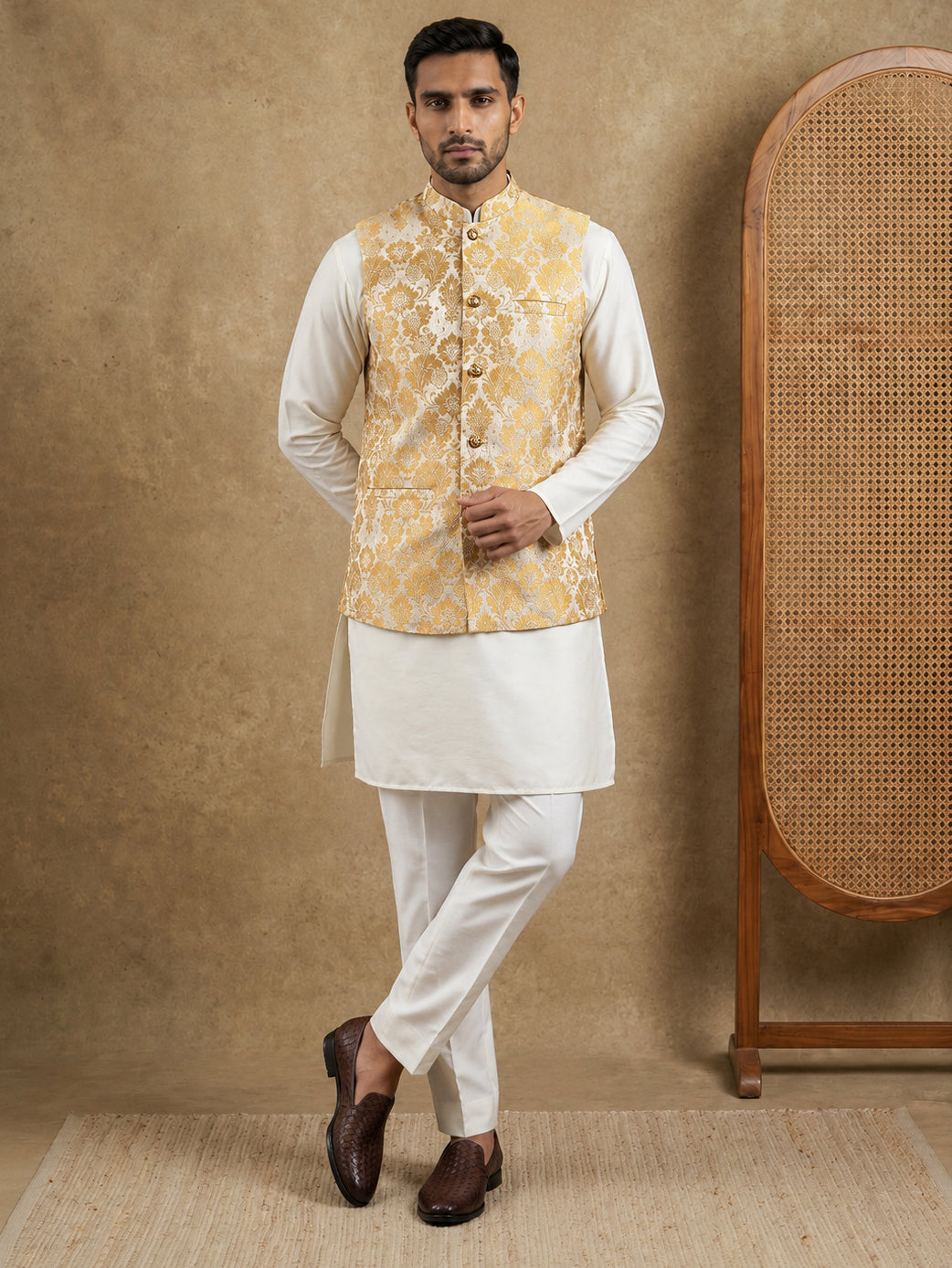 DesiQlo Men Woven Design Nehru Jacket and Kurta Pyjama  - 65 yell 2