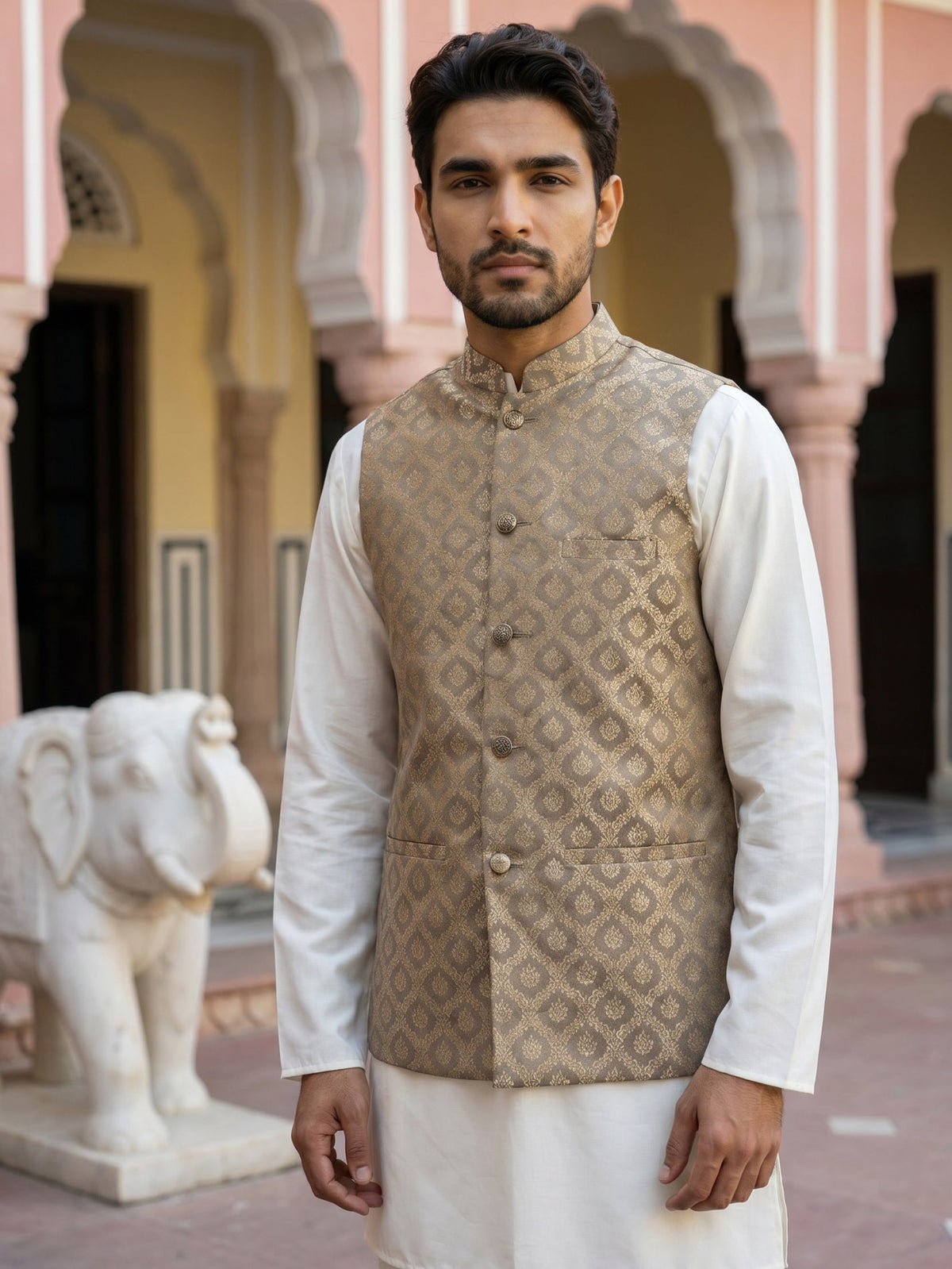 Men's Woven Design Silk Blend Nehru Jacket with Kurta Pyjama ( 65KPWC 5586W 4157Green )