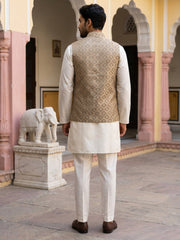 Men's Woven Design Silk Blend Nehru Jacket with Kurta Pyjama ( 65KPWC 5586W 4157Green )