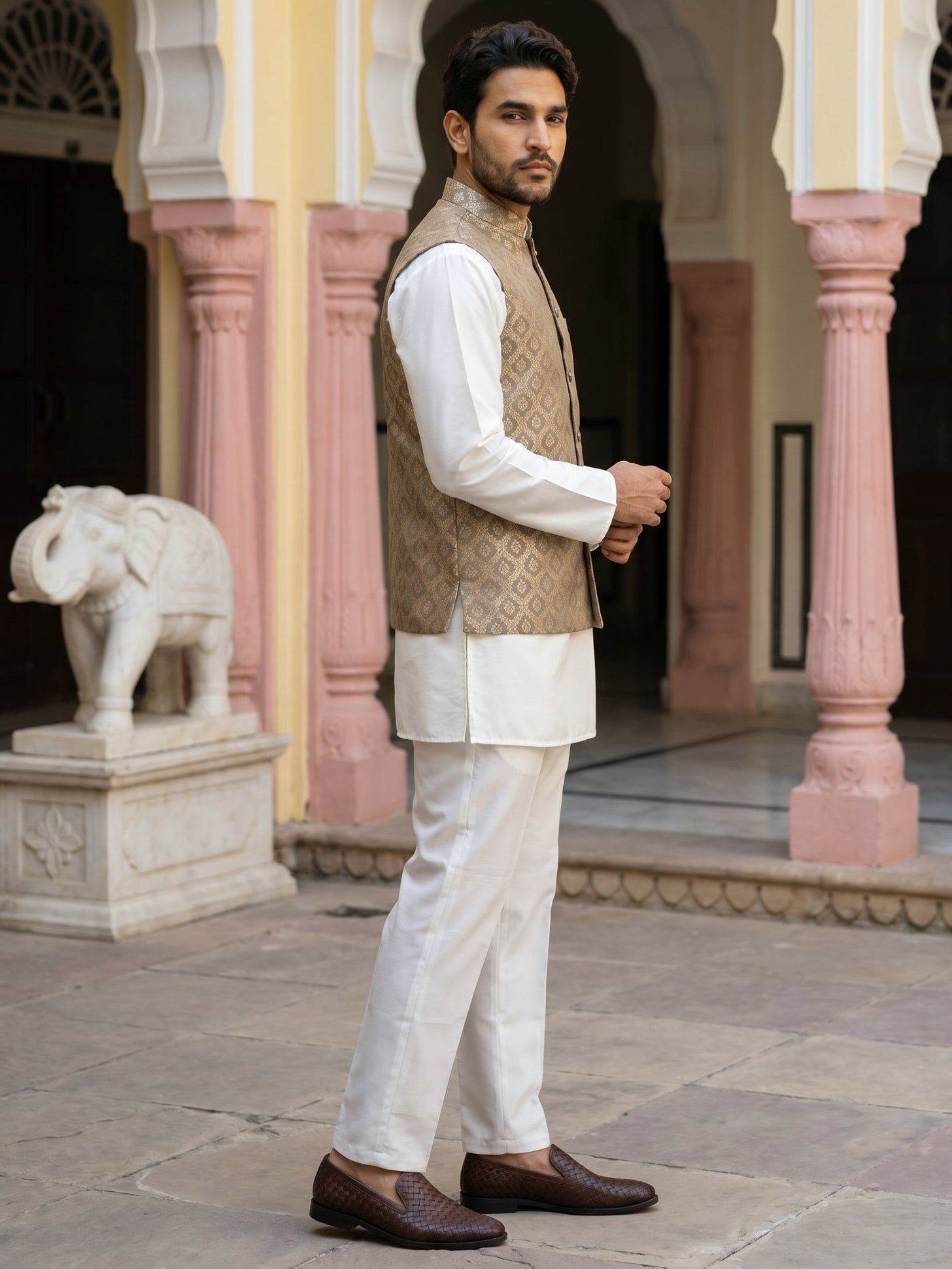 DesiQlo Men Woven Design Nehru Jacket and Kurta Pyjama  - 65 7gre 2