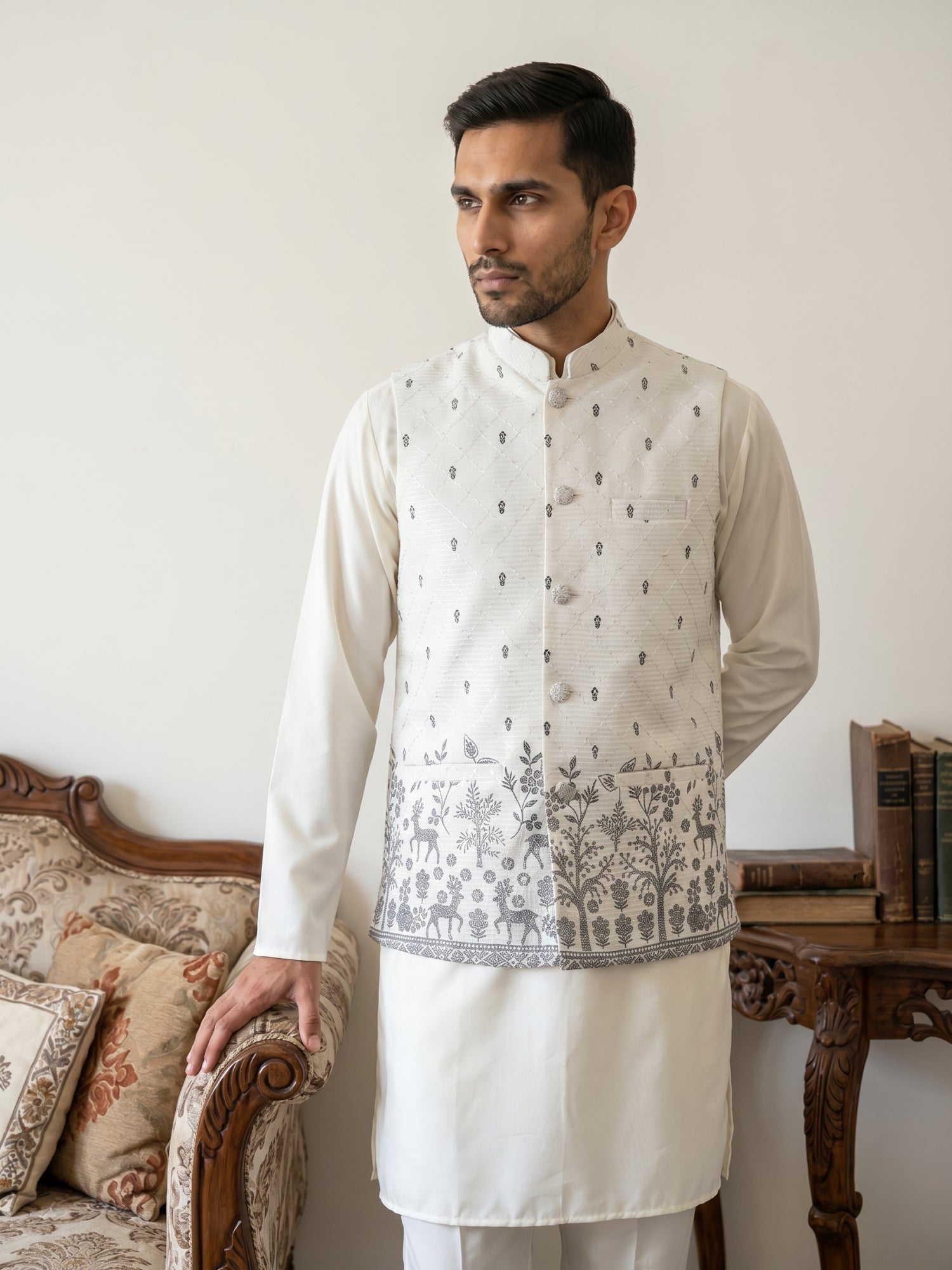 DesiQlo Men Printed Nehru Jacket and Kurta Pyjama Set - - 65KPWC_5586W