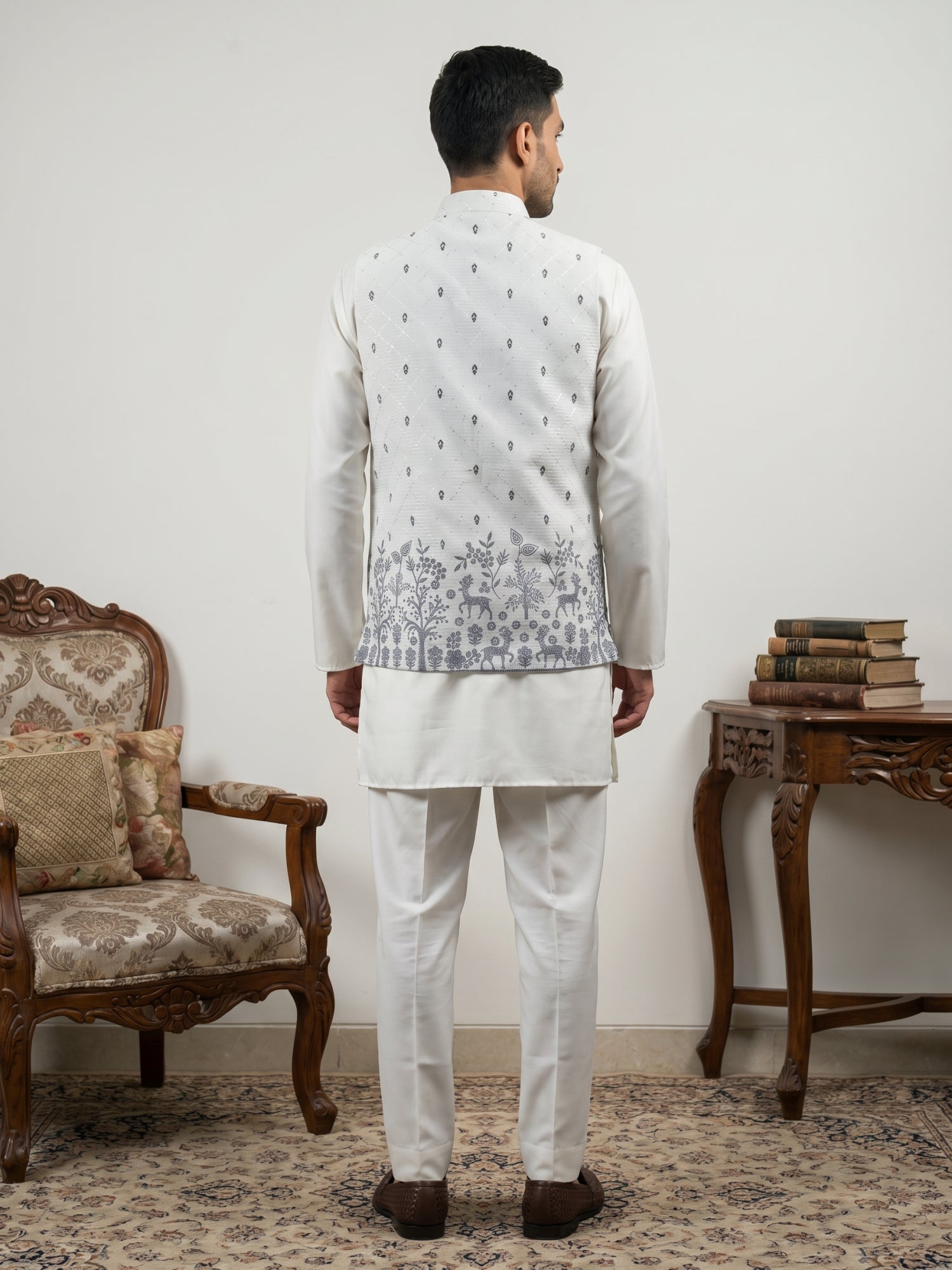 DesiQlo Men Printed Nehru Jacket and Kurta Pyjama Set - - 65KPWC_5586W