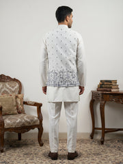 Men Cotton Blend Printed Nehru Jacket Kurta Set ( 65KPWC 5586W 4162White )