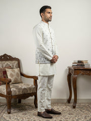 Men Cotton Blend Printed Nehru Jacket Kurta Set ( 65KPWC 5586W 4162White )