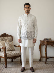 Men Cotton Blend Printed Nehru Jacket Kurta Set ( 65KPWC 5586W 4162White )