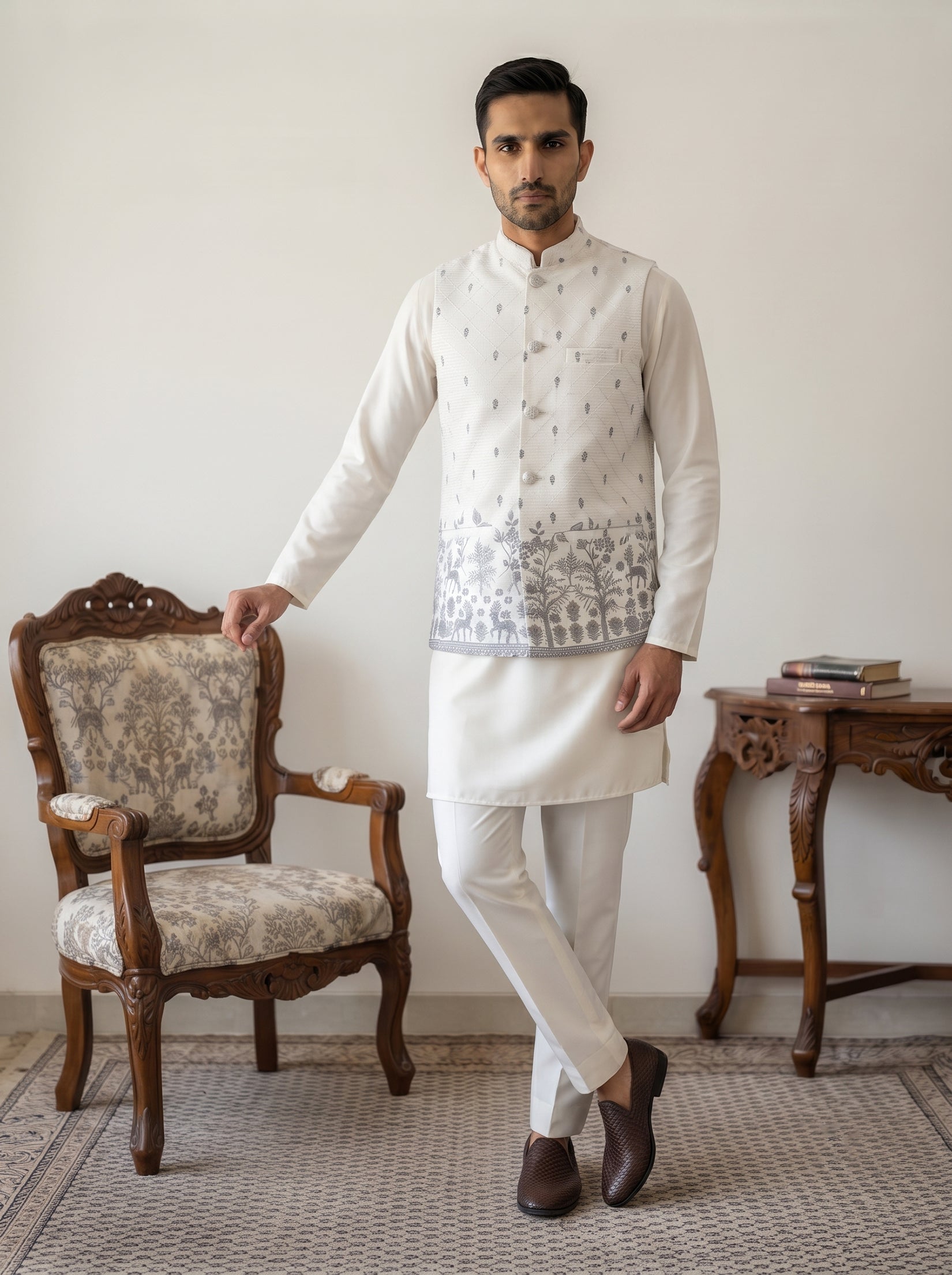 DesiQlo Men Printed Nehru Jacket and Kurta Pyjama Set - - 65KPWC_5586W