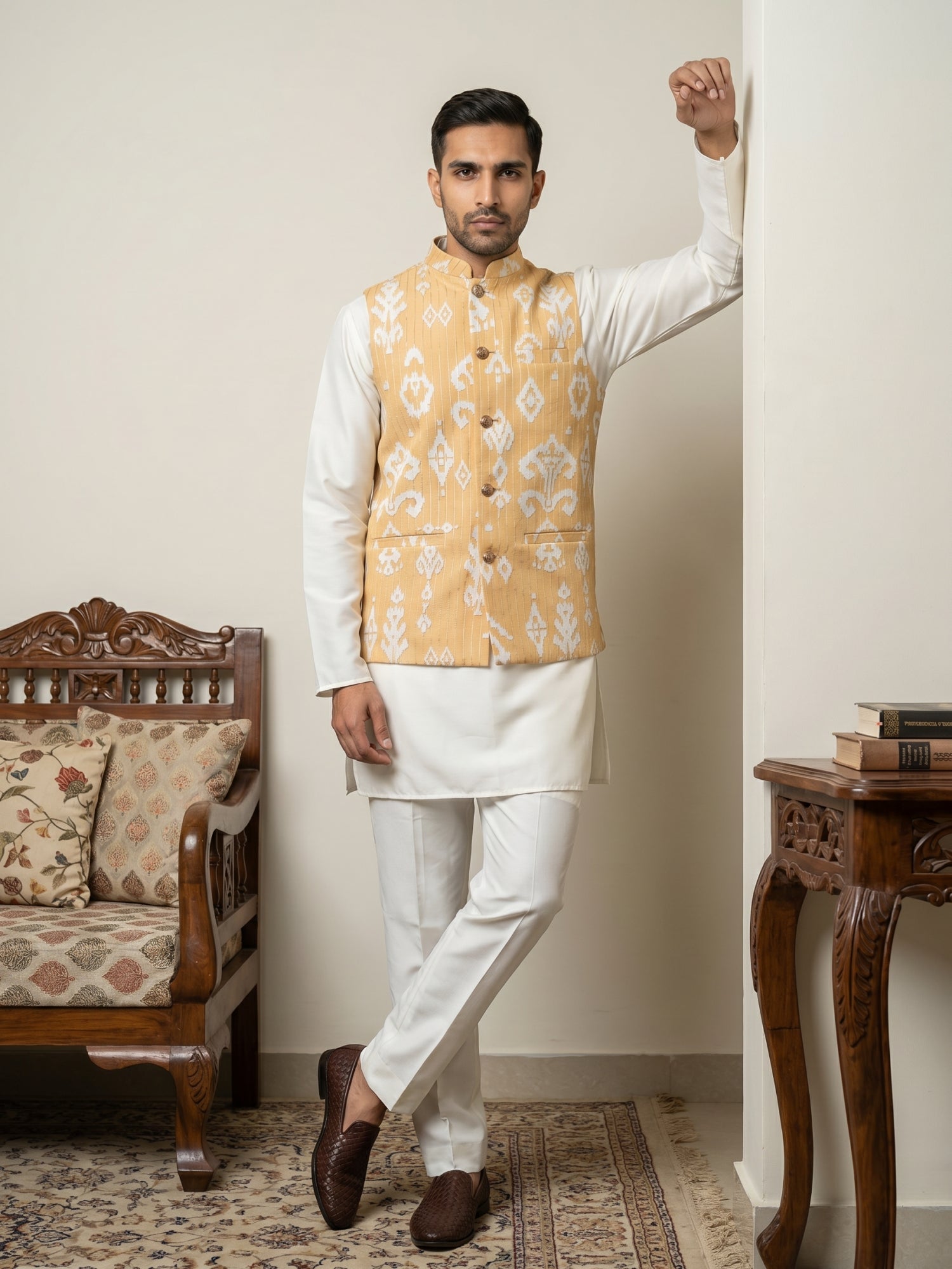DesiQlo Men Printed Nehru Jacket and Kurta Pyjama Set - - 65 yellow