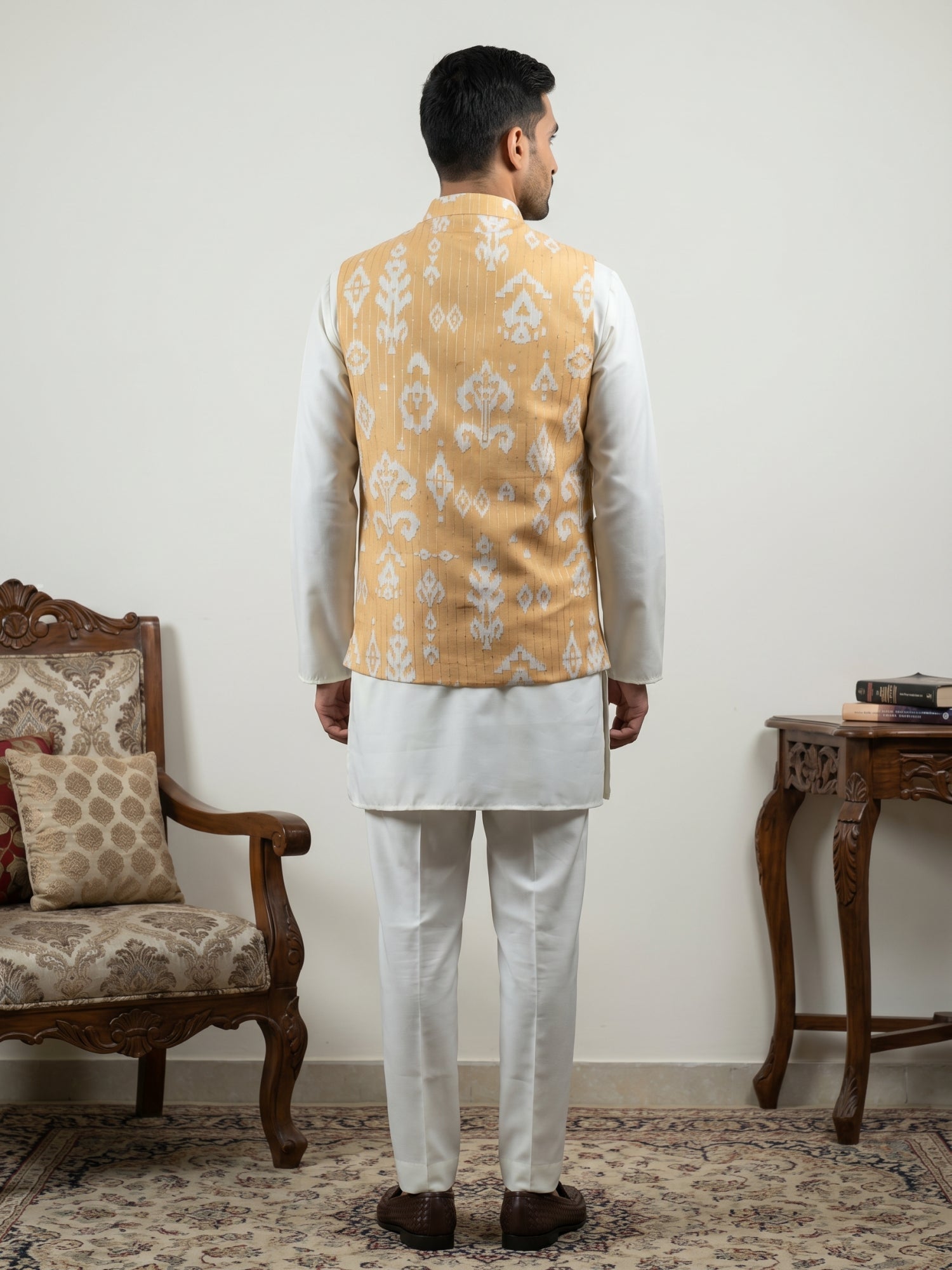 DesiQlo Men Printed Nehru Jacket and Kurta Pyjama Set - - 65 yellow