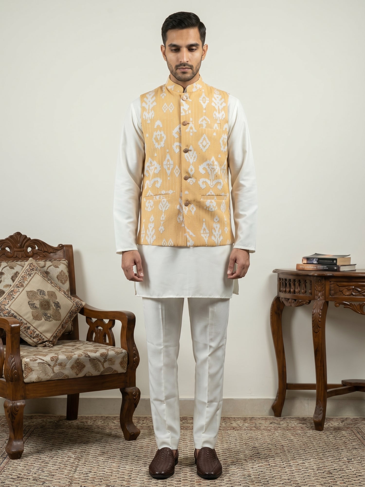 DesiQlo Men Printed Nehru Jacket and Kurta Pyjama Set - - 65 yellow