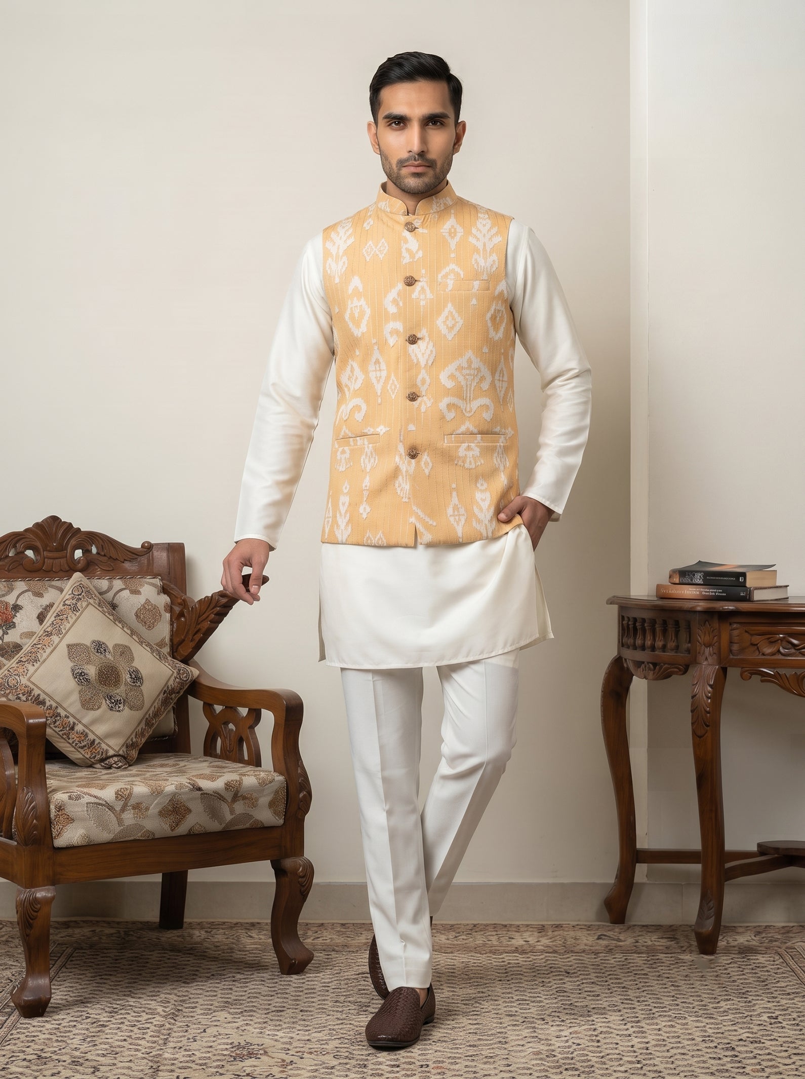 DesiQlo Men Printed Nehru Jacket and Kurta Pyjama Set - - 65 yellow