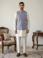 Men's Cotton Blend Embroidered Nehru Jacket with Kurta & Pyjama Set ( 65KPWC 5586W 4172Blue )