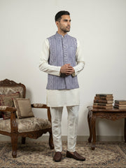 Men's Cotton Blend Embroidered Nehru Jacket with Kurta & Pyjama Set ( 65KPWC 5586W 4172Blue )