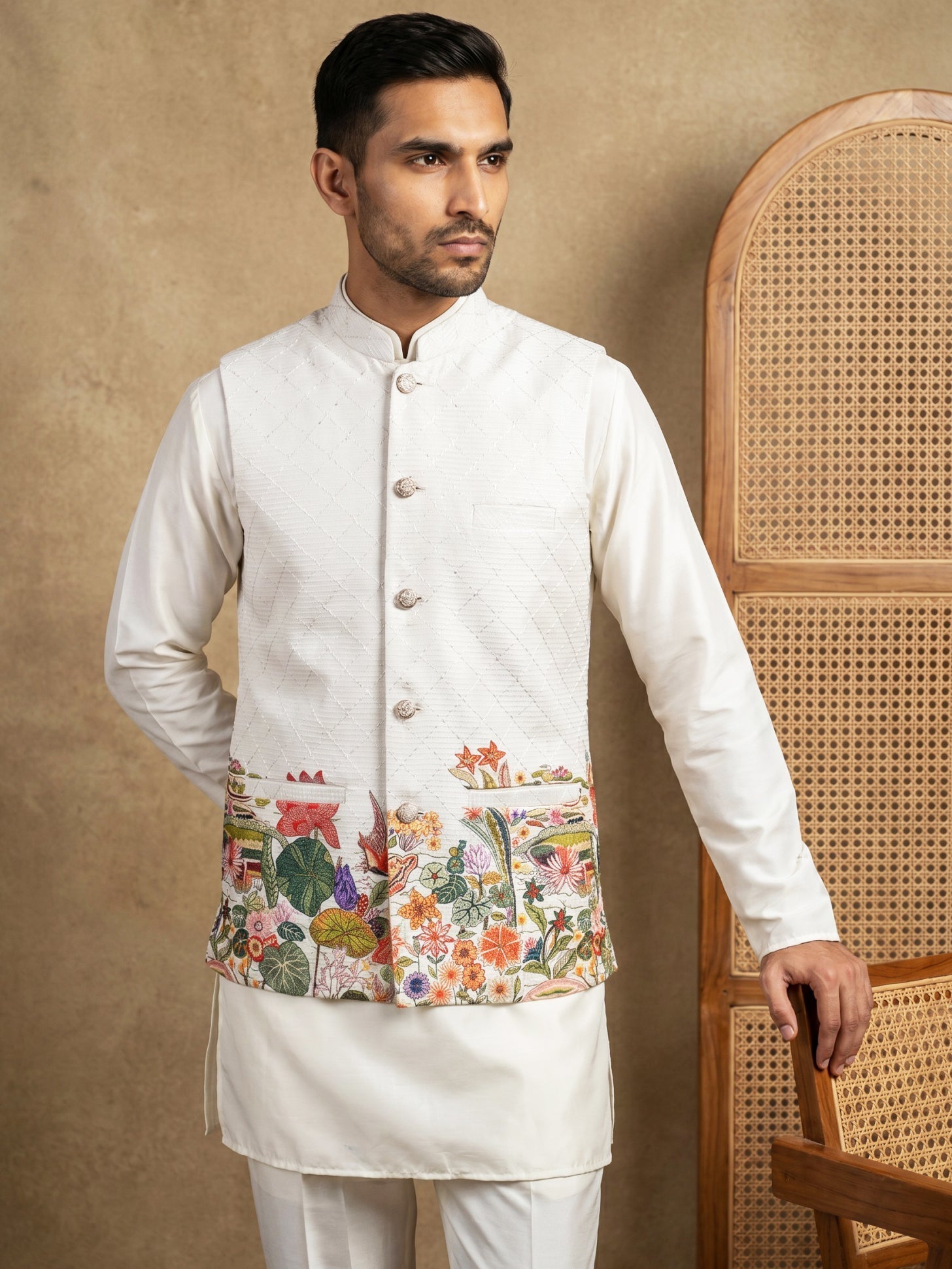 DesiQlo Men Printed Nehru Jacket and Kurta Pyjama Set - - 65 6white
