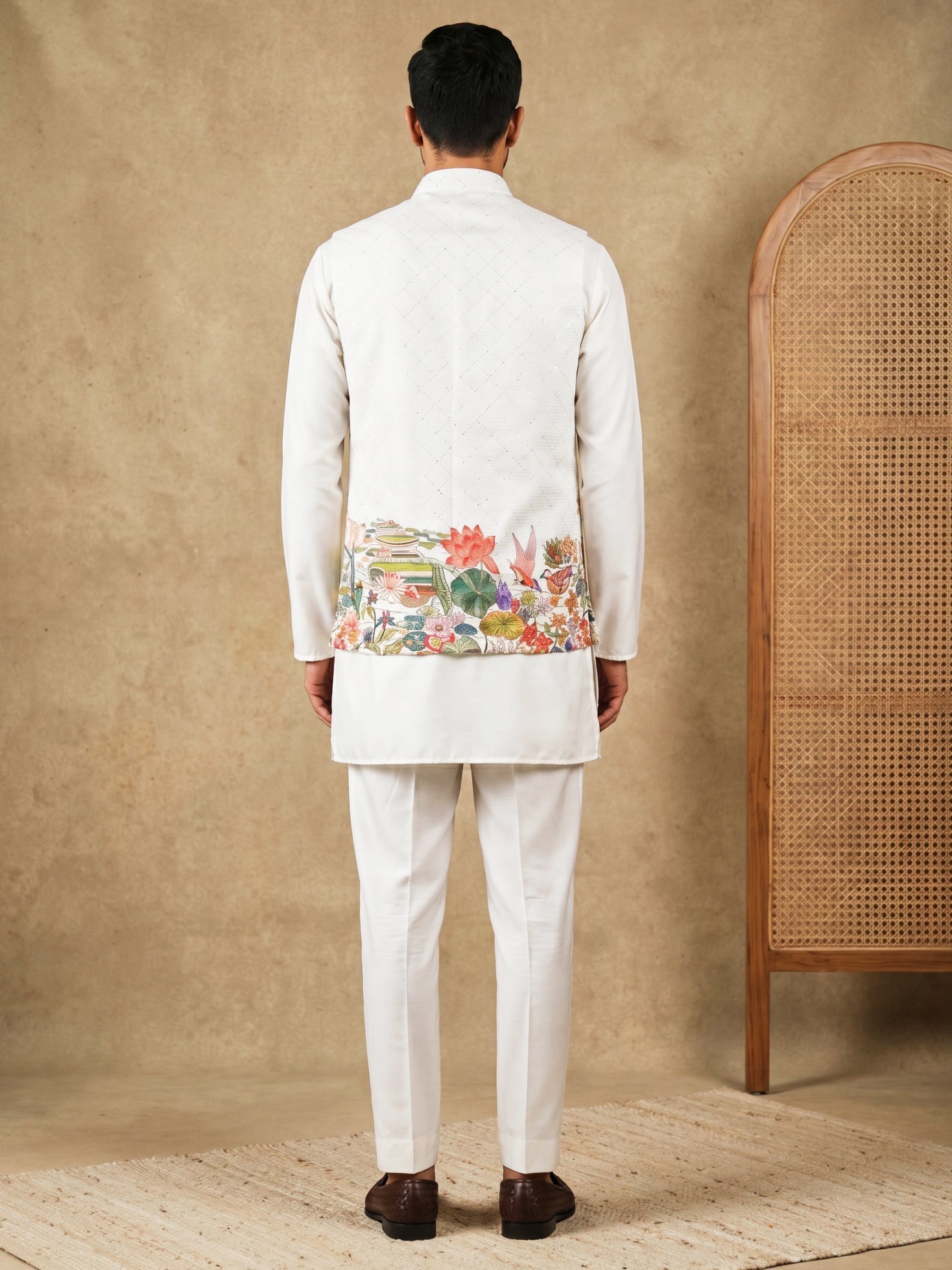 DesiQlo Men Printed Nehru Jacket and Kurta Pyjama Set - - 65 6white