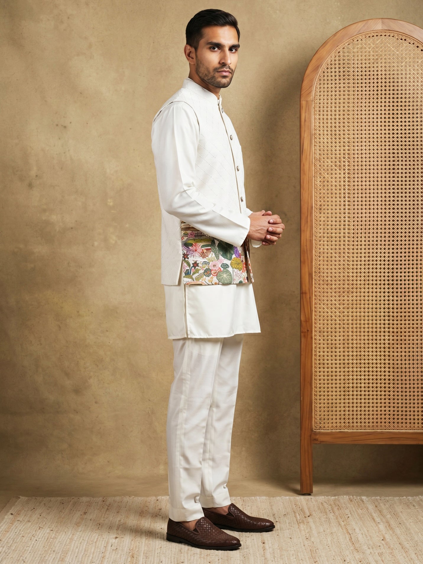DesiQlo Men Printed Nehru Jacket and Kurta Pyjama Set - - 65 6white