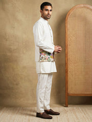Floral Printed Silk Blend Nehru Jacket Kurta Set ( 65KPWC 5586W 4176White )