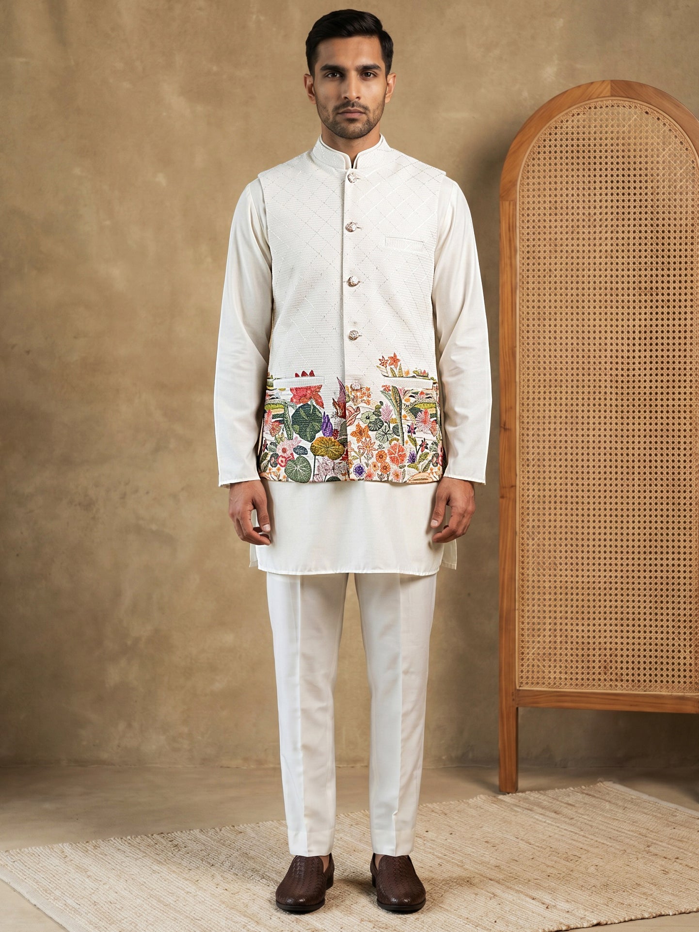 DesiQlo Men Printed Nehru Jacket and Kurta Pyjama Set - - 65 6white