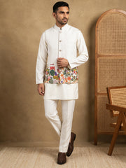 Floral Printed Silk Blend Nehru Jacket Kurta Set ( 65KPWC 5586W 4176White )