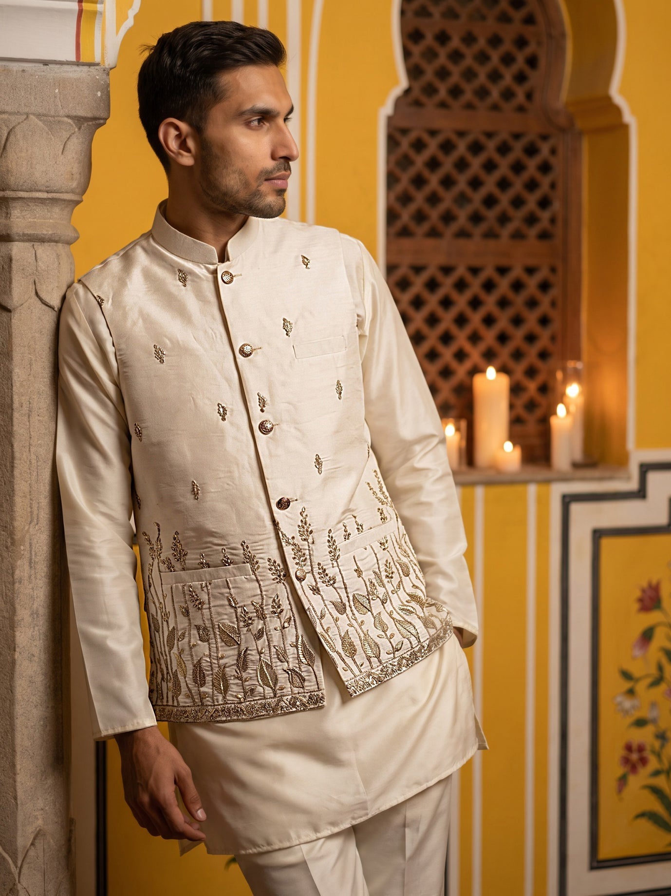 DesiQlo Men Embroidered Nehru Jacket and Kurta Pyjama S - 65KPWC_5586W
