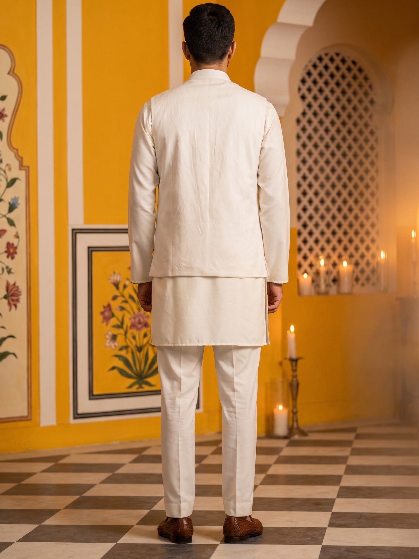 DesiQlo Men Embroidered Nehru Jacket and Kurta Pyjama S - 65KPWC_5586W