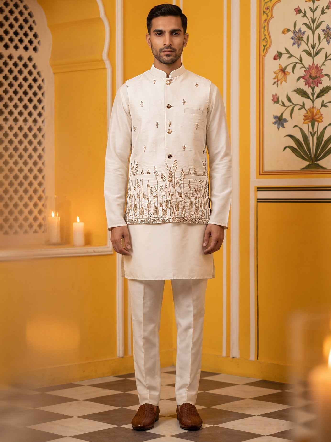 DesiQlo Men Embroidered Nehru Jacket and Kurta Pyjama S - 65KPWC_5586W