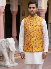 Woven Nehru Jacket Kurta Pyjama Set ( 65KPWC 5586W 4183Mustard )