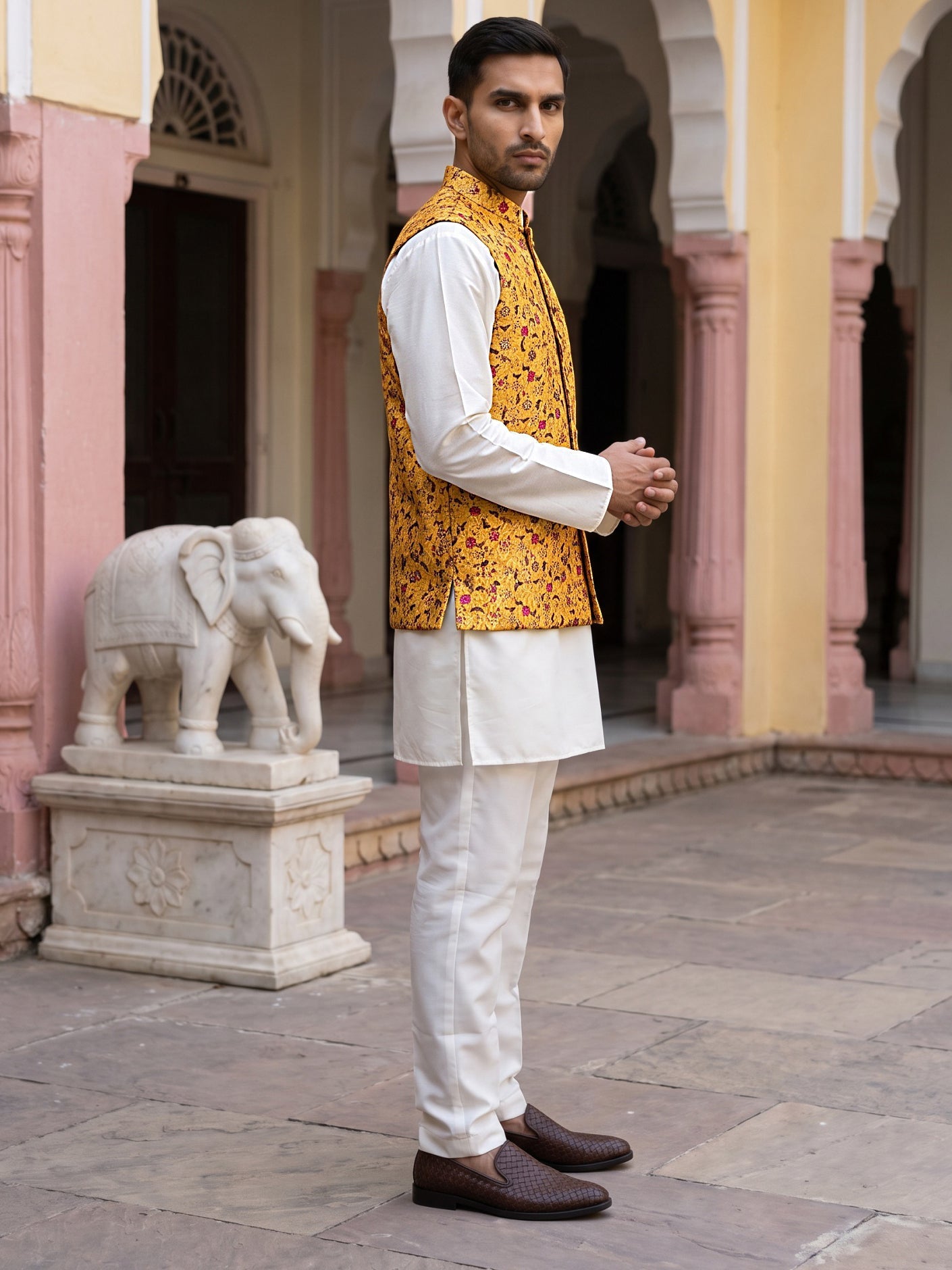 DesiQlo Men Woven Design Nehru Jacket and Kurta Pyjama  - 65KPWC_5586W