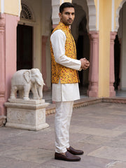 Woven Nehru Jacket Kurta Pyjama Set ( 65KPWC 5586W 4183Mustard )