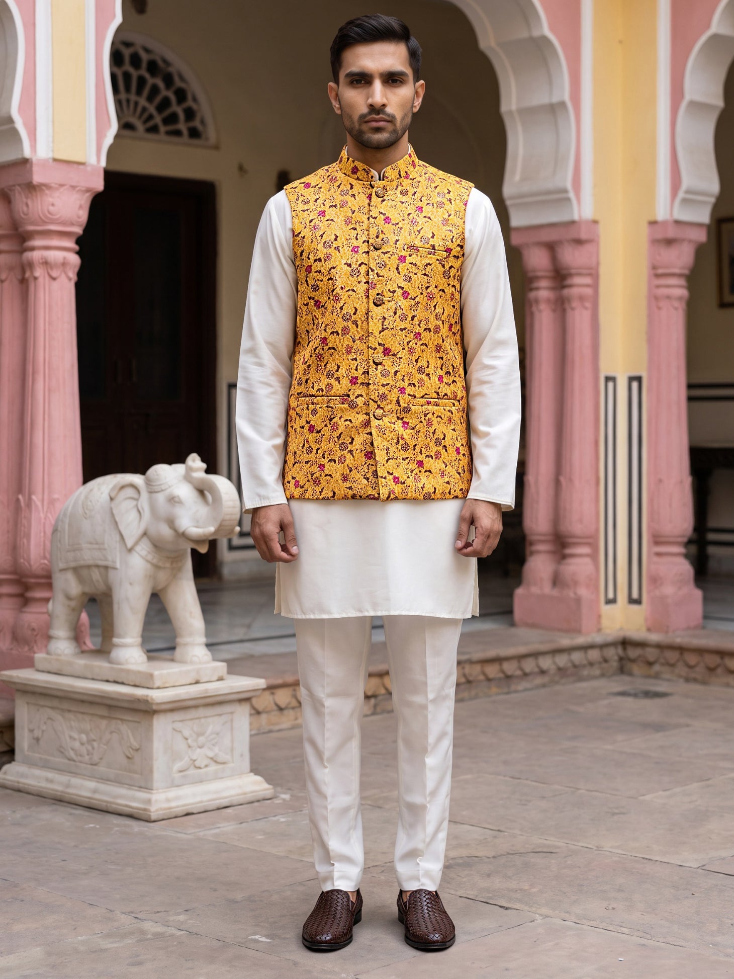 DesiQlo Men Woven Design Nehru Jacket and Kurta Pyjama  - 65KPWC_5586W