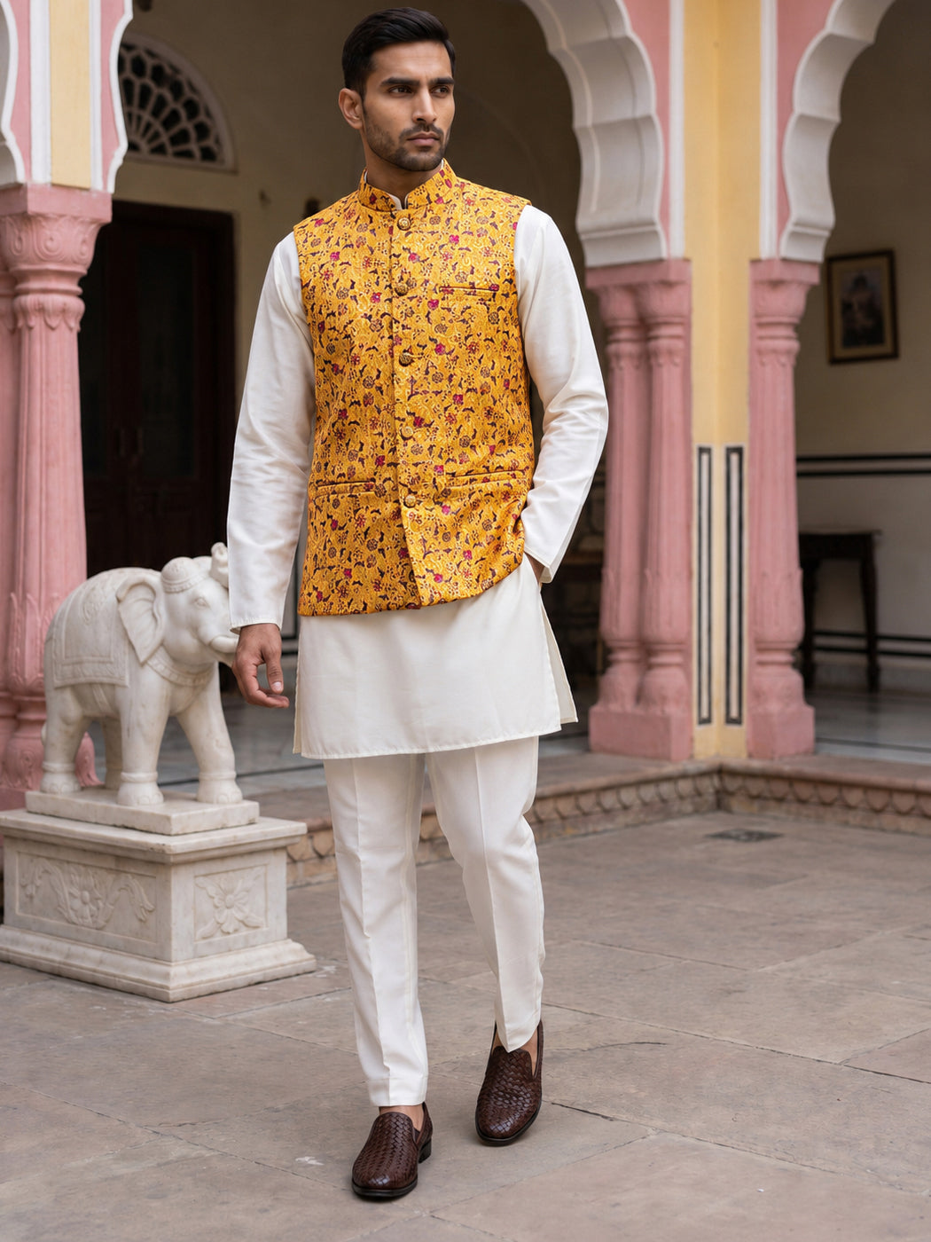 DesiQlo Men Woven Design Nehru Jacket and Kurta Pyjama  - 65KPWC_5586W