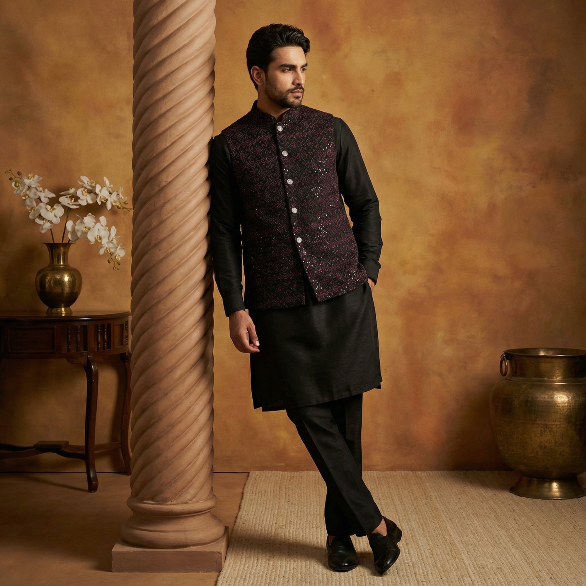 DesiQlo Men Embroidered Nehru Jacket and Kurta Pyjama S - 65KPWC_592B_
