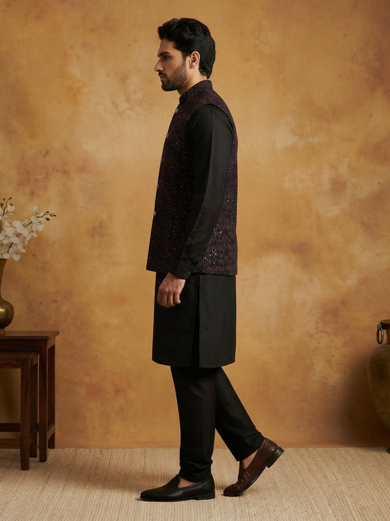 DesiQlo Men Embroidered Nehru Jacket and Kurta Pyjama S - 65KPWC_592B_