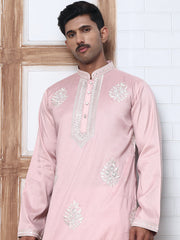 Men’s Silk Blend Ethnic Embroidered Kurta Pyjama (65KP P 5329 Pink ) [FF] [B-1-2]